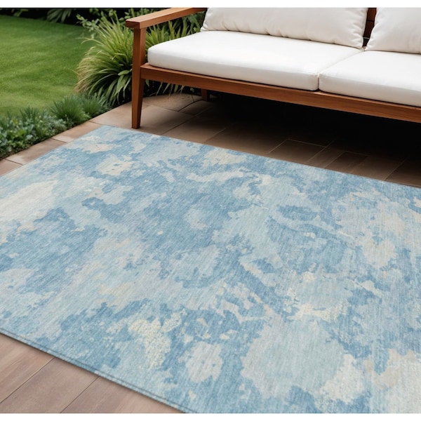 Homeroots 9' X 12' Sky Blue And Denim Blue Abstract Washable Indoor Outdoor Area Rug 609580 - main