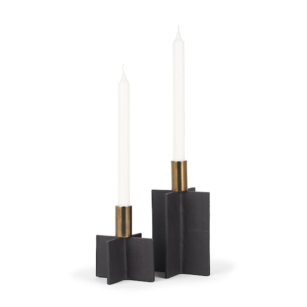 Homeroots Set of Two Black And Gold Geometric Metal Tabletop Taper Candle Holders, 2PK 608536 - main