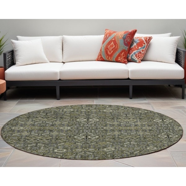 Homeroots 8' Round Moss Green and Gray Round Floral Washable Non Skid Indoor Outdoor Area Rug 564379 - main