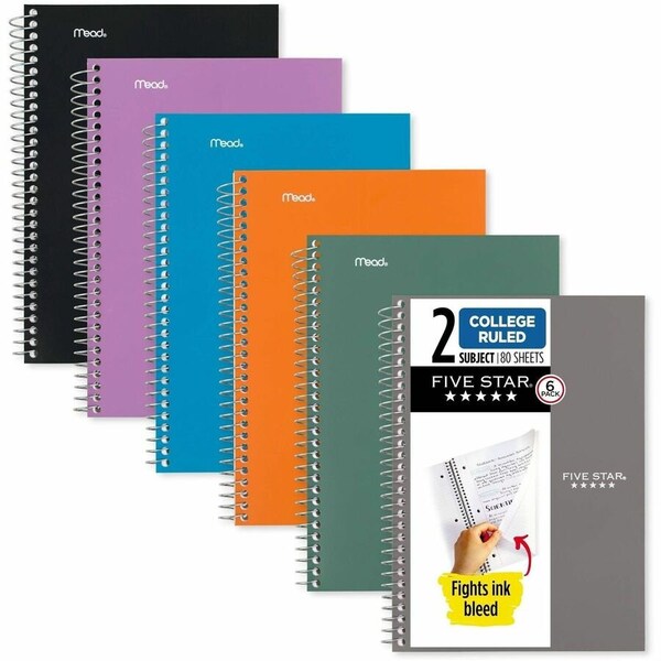 Five Star Mead College Ruled Notebook - 2 Subject(s) - 80 Sheets - Spiral - Ruled Margin - 6in x 9 1/2in, 2PK 840029A - main