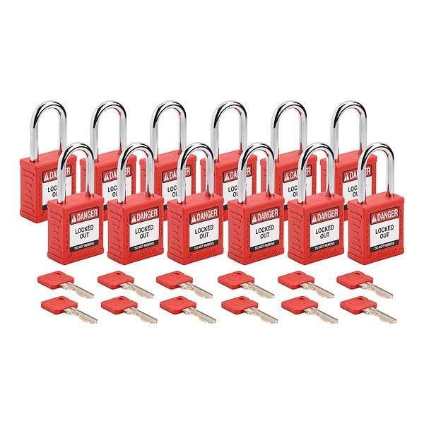 Brady Padlock, Keyed Alike, Nylon, Red, 1 1/2 in Shackle Height, 1 1/2 in Body Width, 12 No. of Keys SDPL-RED-38ST-KA12 - main
