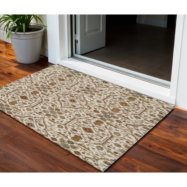 Homeroots 3' X 5' Ivory Brown And Red Floral Washable Indoor Outdoor Area Rug 604595 - main