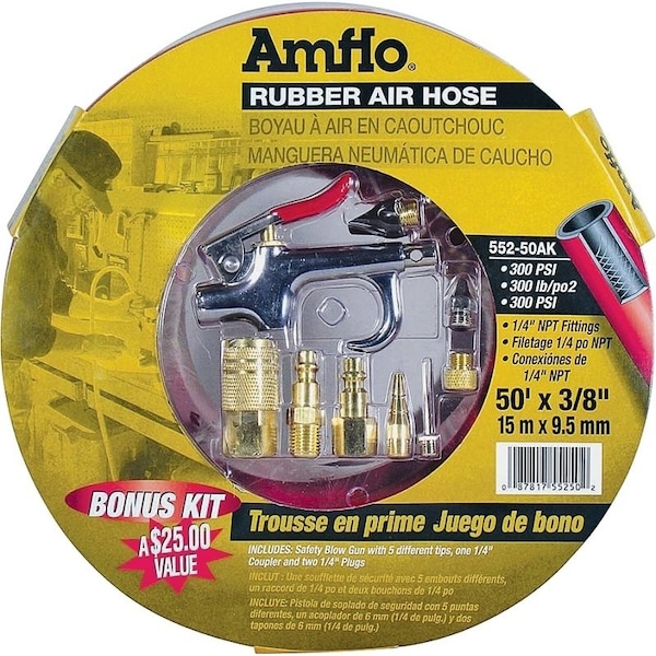 Amflo Air Hose Kit, 3/8 in OD, 50 ft L, MNPT, 300 psi Pressure, Rubber, Red 552-50AK-5 - main