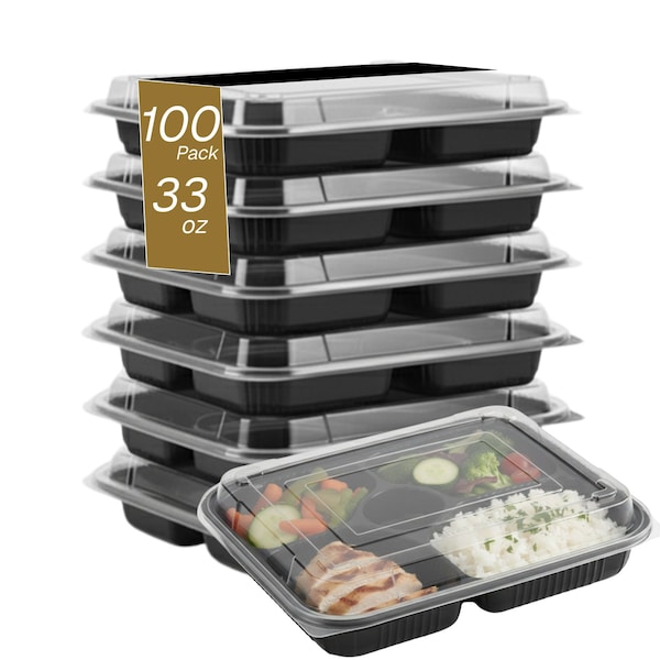 Eco Harmony Products Microwaveable Food Container, Rectangular with Lid, 5 compartments, 33oz, 100PK 804559 - main