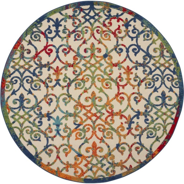 Homeroots 8' Ivory Blue Orange And Green Round Trellis Indoor Outdoor Area Rug 546799 - main