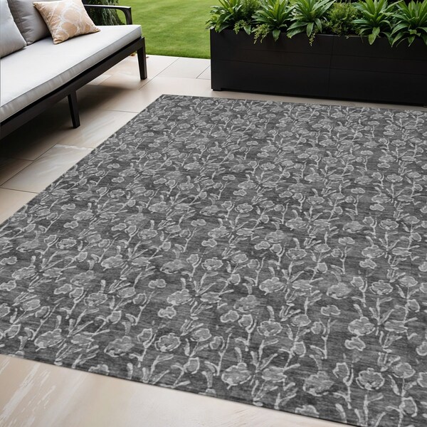 Homeroots 5' X 8' Gray Charcoal And Silver Floral Washable Indoor Outdoor Area Rug 581895 - main