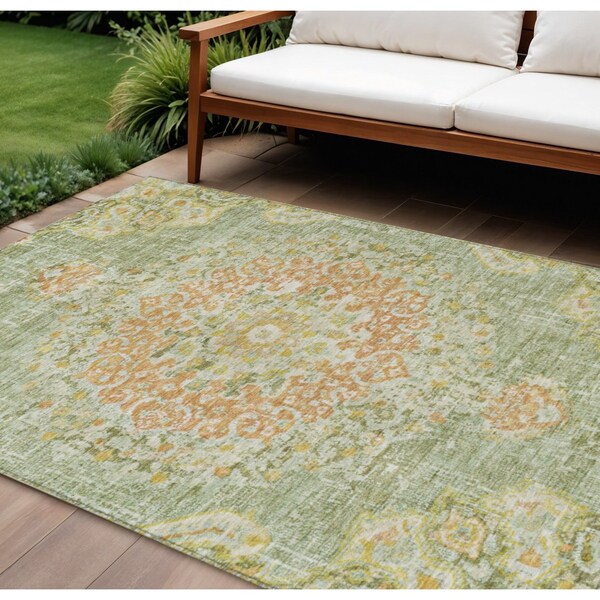Homeroots 10' X 14' Artichoke Green Floral Medallion Washable Indoor Outdoor Area Rug 607835 - main