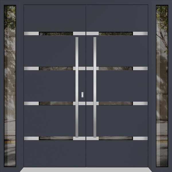 Vdomdoors Aluminum Double Doors Deux 1105 Gray Graphite Mirrored Glass 2 Sidelights Entry Modern Painted 100x DEUX1105DEXD-GRE-W14+72+14xH96-RH-I - main