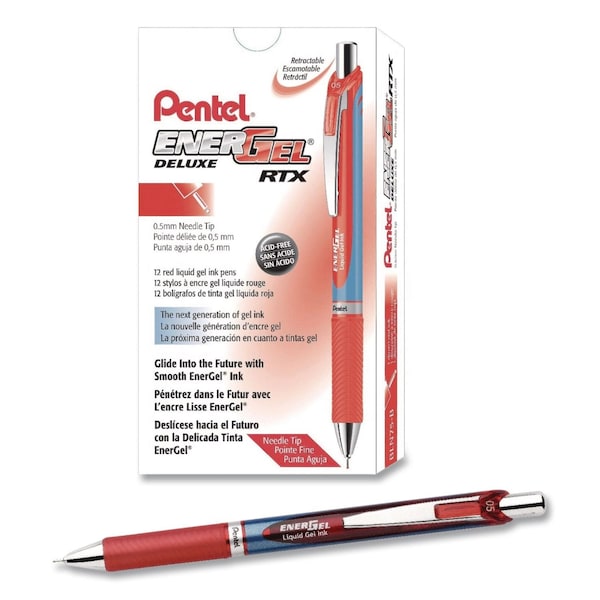 Pentel EnerGel RTX Deluxe Gel Pen, Retractable, Fine 0.5 mm, Red Ink, Red/Blue Barrel, 12PK BLN75-B - main