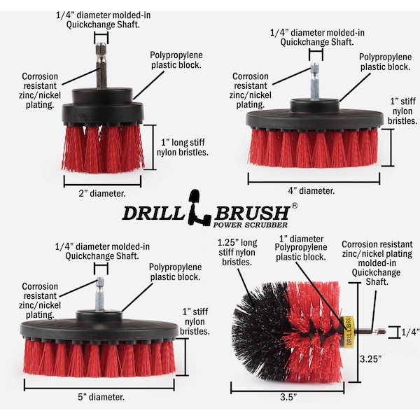 Drillbrush Patio & Garden Stiff Red Drill Brush, 4 Piece R-S-542O-QC-DB - main