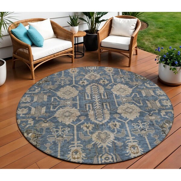 Homeroots 8' Navy Blue Beige And Taupe Round Oriental Washable Indoor Outdoor Area Rug 582100 - main