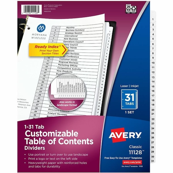 Avery Dennison Avery, CUSTOMIZABLE TOC READY INDEX BLACK AND WHITE DIVIDERS, 31-TAB, LETTER 11128 - main