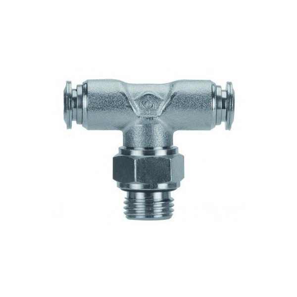 Usa Industrials Push to Connect Tube Fitting, Nickel Plated Brass w/ Metal Release Ring, Male Branch Tee ZUSA-TF-PTC-NPBR-653 - main