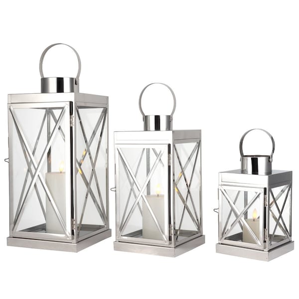 Homeroots Set of Three Clear And Silver Glass And Stainless Steel Tabletop Lantern Candle Holders, 3PK 719764 - main