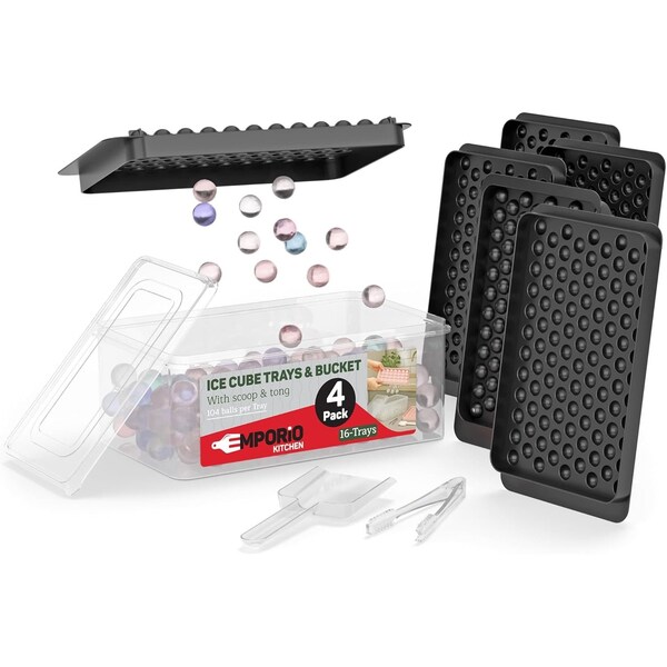 Emporio Kitchen Round Ice Cube Tray Set Pack of 4, BPA-Free, 33 Ice Balls per Tray, Lid & Tongs, Black EMPICES34BK - main