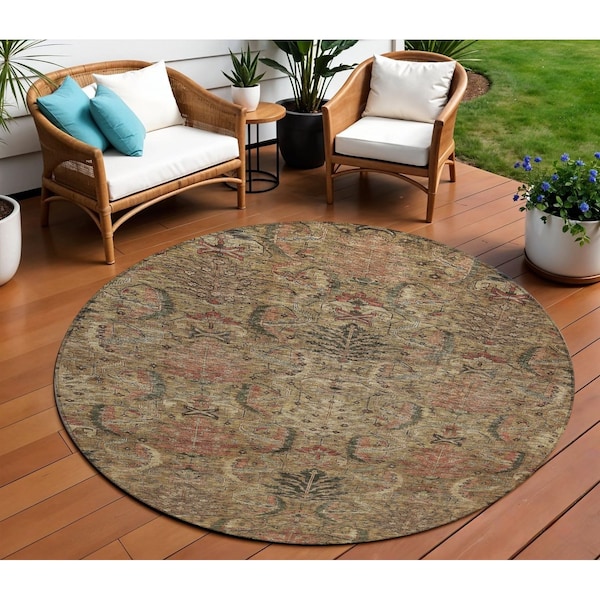 Homeroots 8' Brown Charcoal And Brick Red Round Damask Washable Indoor Outdoor Area Rug 603307 - main