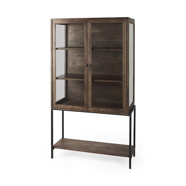 Homeroots 36in Brown and Black Solid Wood and Metal Display Cabinet With Two Doors 611035 - main