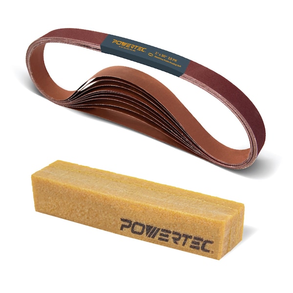Powertec Sanding Belt Assortment, 1inx30in, A/O, 3 Each of 40/80/120/240/400 Grit & Abrasive Cleaning Stick 11127-9N - main