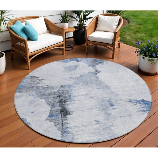 Homeroots 8' Navy Blue And Ivory Round Abstract Washable Indoor Outdoor Area Rug 582664 - main