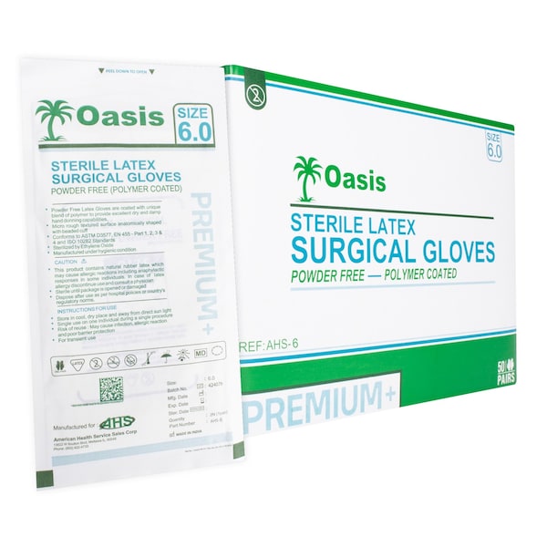 Oasis Sterile Disposable Latex Surgical Gloves, Powder-Free and Sterile, Size 6, 50 pairs per pack AHS-6 - main
