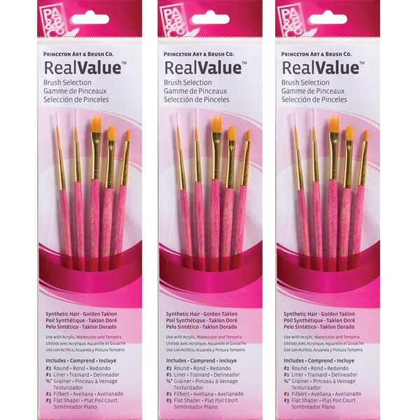 Princeton RealValue Brush Set, Gold Taklon Bristles, Short Handle Mixed Media Paintbrush, 5-Piece Set, 3PK PR9184 - main