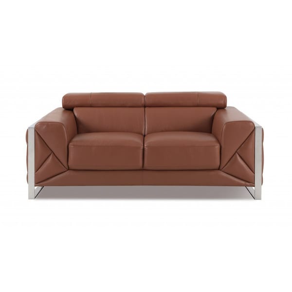 Homeroots 75in Camel And Silver Italian Leather Loveseat 477561 - main