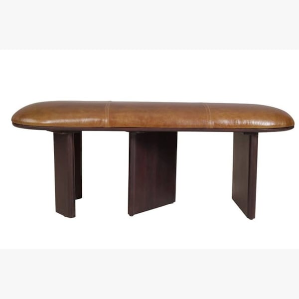 Homeroots 48in Light Brown Genuine Leather and Solid Wood Upholstered Bench 722885 - main