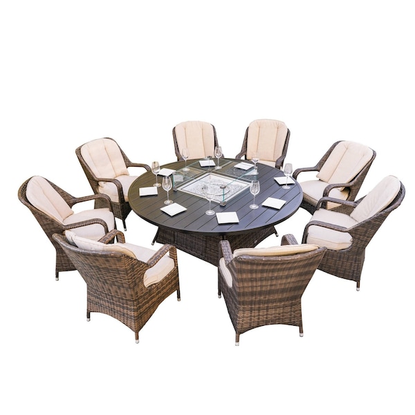 Homeroots Brown Wicker Round Outdoor Fire Pit Dining Set With 8 Chairs 372326 - main