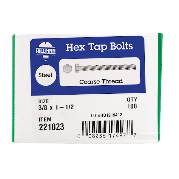 Hillman 3/8 in. D X 1-1/2 in. L Zinc Plated Steel Hex Tap Bolt, 100PK 221023 - main