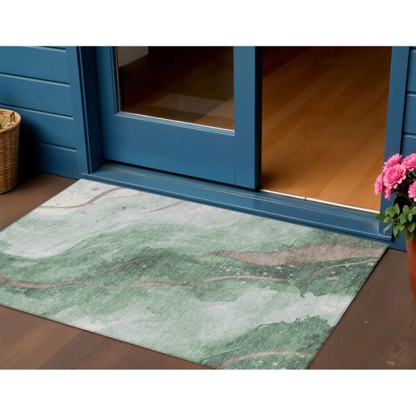 Homeroots 3' X 5' Green And Taupe Abstract Washable Indoor Outdoor Area Rug 611369 - main