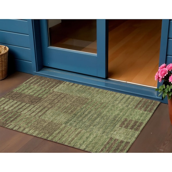 Homeroots 3' X 5' Brown Taupe And Green Striped Washable Indoor Outdoor Area Rug 613169 - main