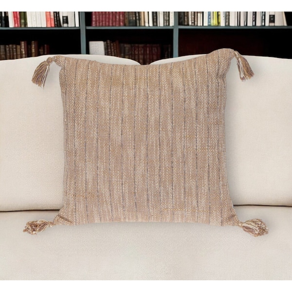 Homeroots 18" Brown and White Striped Cotton Throw Pillow With Tassels 529270 - main