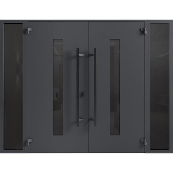 Vdomdoors Front Exterior Prehung Aluminum Double Doors Ronex0130 Grey Mirrored Clear Glass 2 Sidelights Entry RONEX0130DEXD-GRE-W12+72+12xH96-RH-I - main