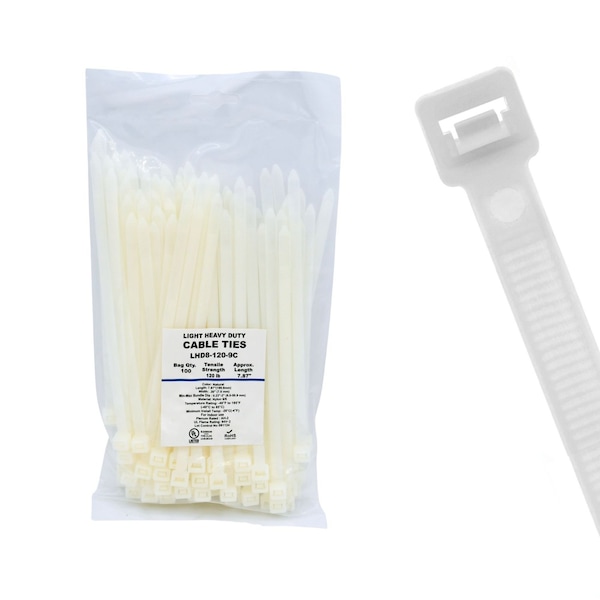 Cable Ties Unlimited Cable Tie, 8 in L, 120 lb Strength, 2.2 in Max Bundle Dia, Nylon 6/6, Natural, 100PK LHD8-120-9C - main