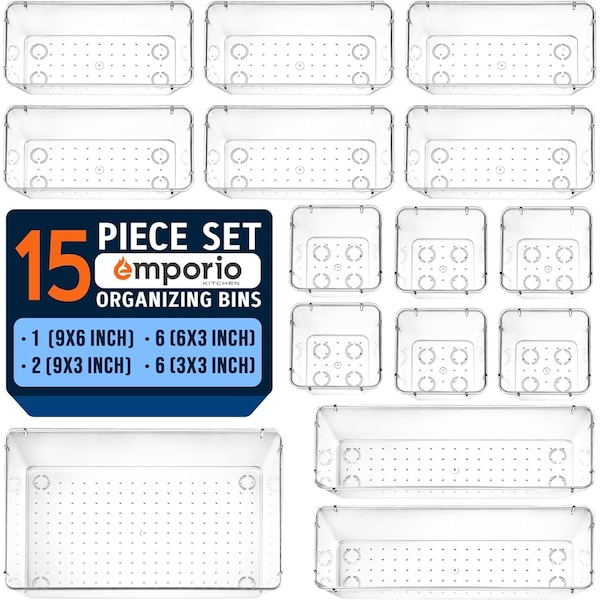 Emporio Kitchen Drawer Organizer Set Includes 1-piece 9x6 bins, 2-piece 9x3 bins, 6-piece 6x3 Bins 6-piece 3x3 Bins EMPORGN15 - main