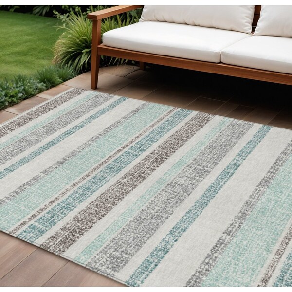 Homeroots 10' X 14' Teal Blue And Gray Striped Washable Indoor Outdoor Area Rug 632250 - main