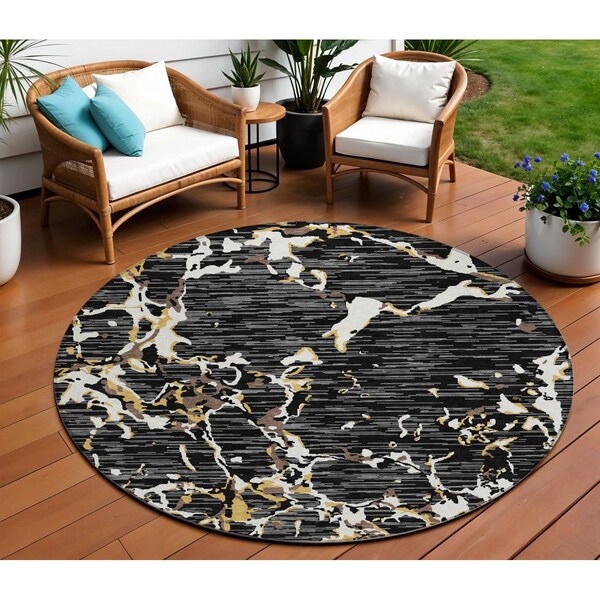 Homeroots 8' Black Ivory And Brown Round Striped Washable Indoor Outdoor Area Rug 600878 - main