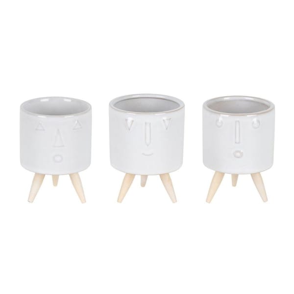 Homeroots Set of Three White Porcelain 1 Ounce Round Funny Face Pot Planters With Stands, 3PK 517974 - main