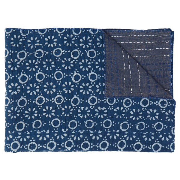 Homeroots 50" X 70" Blue And Off White Geometric Cotton Quilted Kantha Throw Blanket with Embroidery 544538 - main