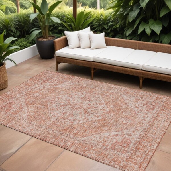 Homeroots 8' X 10' Coral And Pink Oriental Washable Indoor Outdoor Area Rug 603806 - main