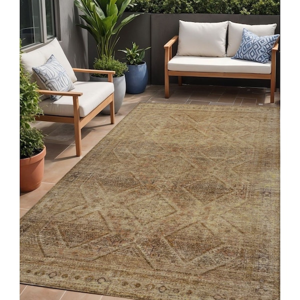 Homeroots 5' X 8' Khaki And Beige Geometric Washable Indoor Outdoor Area Rug 630502 - main