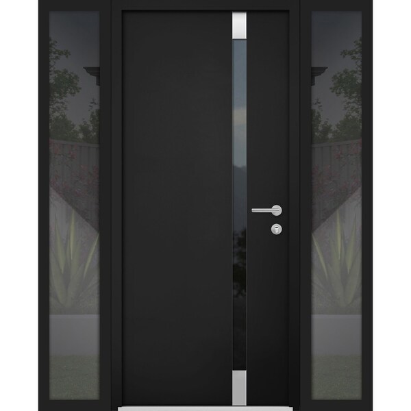 Vdomdoors Steel Door Cynex 6777 Black 2 Sidelight Exterior Windows Stainless Inserts Single Modern Painted-W1 CYNEX6777EXD-BLK-W12+36+12 x H80-Left-hand Inswing - main
