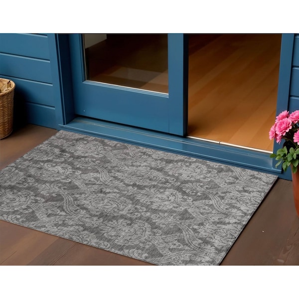 Homeroots 3' X 5' Gray And Pewter Damask Washable Indoor Outdoor Area Rug 616526 - main