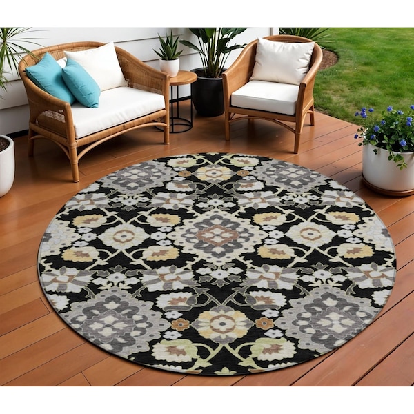 Homeroots 8' Black Gray And Brown Round Oriental Washable Indoor Outdoor Area Rug 597664 - main