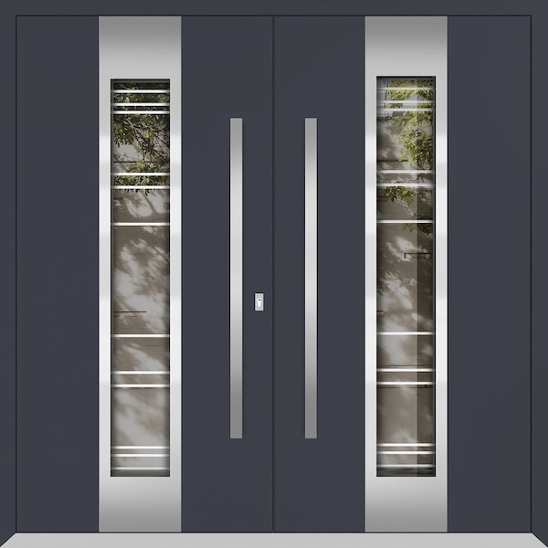 Vdomdoors Metal Double Doors Deux 5755 Gray Graphite Clear Glass Entry Modern Painted (W72xH80) Left hand Out DEUX5755DEXD-GRE-W72xH80-LH-O - main