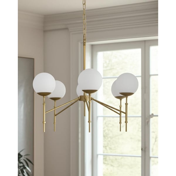 Homeroots Gold Sputnik Six Light Frosted Metal and Glass Dimmable Chandelier With White Shades 611359 - main