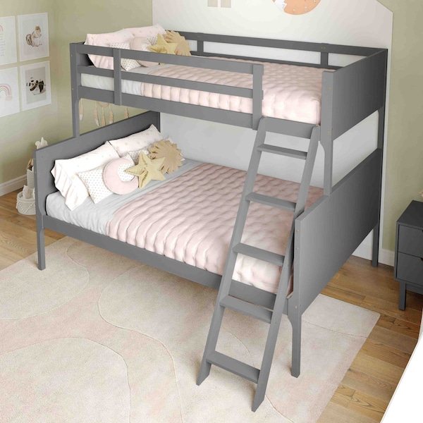 Flash Furniture Dallas Bunk Bed Twin Over Full, Convertible Slatted Solid Wood Bunk Bed Frame w/Ladder, Gray MG-0900-31-TFB-GY-GG - main