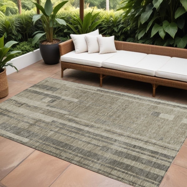 Homeroots 8' X 10' Taupe And Dark Gray Striped Washable Indoor Outdoor Area Rug 602818 - main