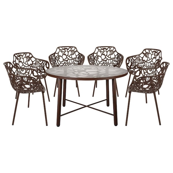 Leisuremod Devon 7-Piece Aluminum Patio Dining Set, Tempered Glass Top Table & 6 Stackable Arm Chairs, Brown DT48CABR6 - main