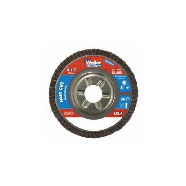 Weiler Vortec Pro Abrasive Flap Discs, 4.5 in, 80 Grit, 7/8 Arbor, 13,000 rpm, Alum Back, 10PK 804-31310 - main